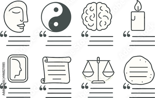 Meditation and mindfulness outline icons set – linear, yoga, relaxation, spiritual symbols