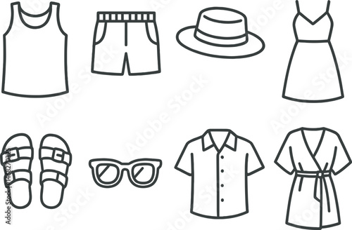 Summer clothing line icons set – outline, linear, fashion and apparel symbols