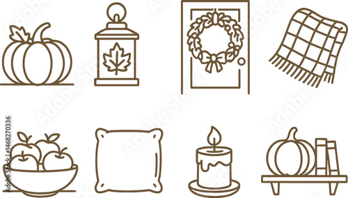 Autumn and thanksgiving linear icons set – fall, harvest, seasonal celebration symbols
