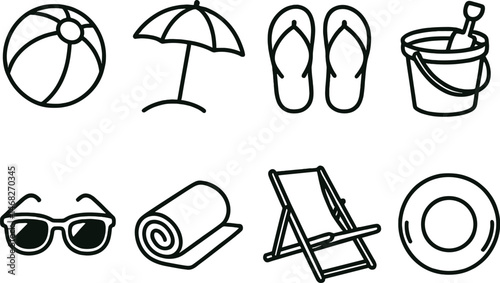 Beach and summer line icons set – outline, linear, vacation and relaxation symbols