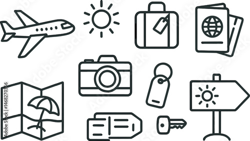 Travel and tourism outline icons set – linear, map and vacation planning symbols