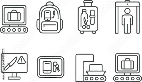 Travel and security outline icons set – line, linear, airport and luggage safety symbols