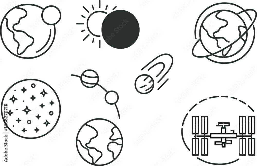 Space and astronomy outline icons set – celestial, linear, cosmic exploration symbols