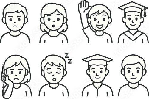 Education and emotions line icons set – linear, outline, academic and expression symbols