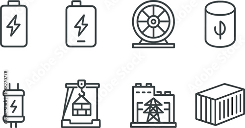 Energy and industry outline icons set – linear, minimal, power and machinery symbols