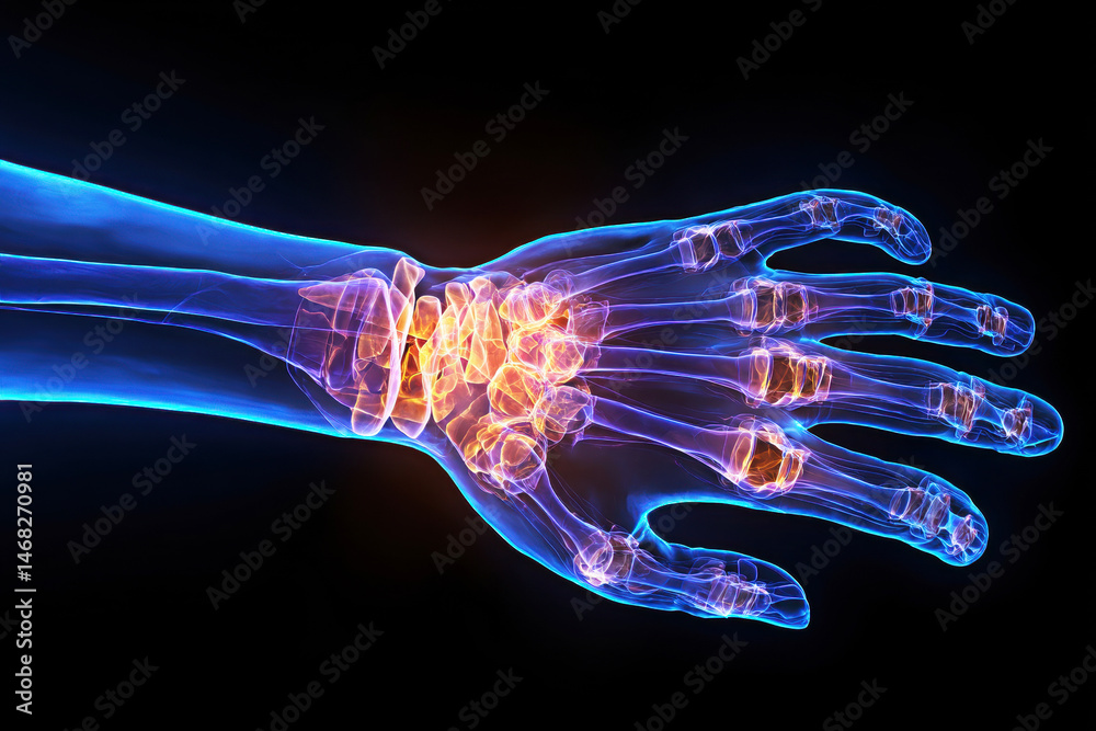 A stunning visualization of the human hand anatomy, showcasing bones, joints, and pathways illuminated in vibrant colors, highlighting the intricate mechanics and structure of human movement.