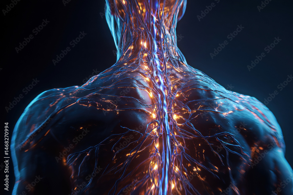 A stunning visualization of the human nervous system, showcasing the intricate network of neurons and pathways, radiating with glowing lights against a dark backdrop.
