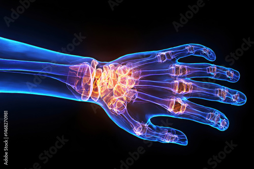 A stunning visualization of the human hand anatomy, showcasing bones, joints, and pathways illuminated in vibrant colors, highlighting the intricate mechanics and structure of human movement.