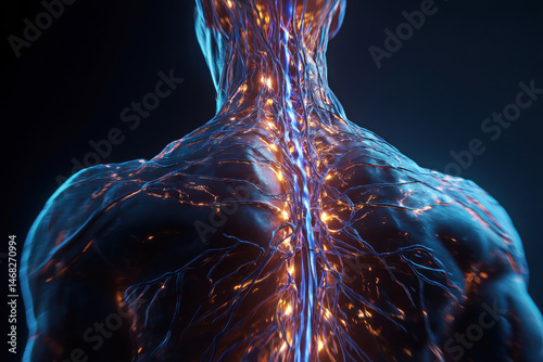 Obraz na płótnie A stunning visualization of the human nervous system, showcasing the intricate network of neurons and pathways, radiating with glowing lights against a dark backdrop. w salonie