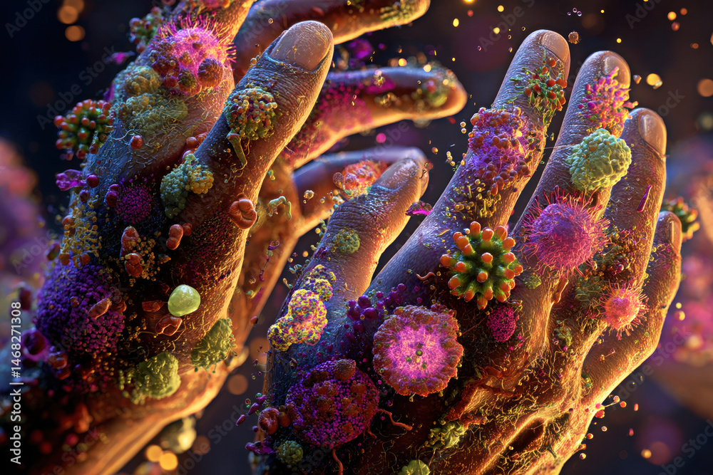 This captivating image showcases hands adorned with vibrant microscopic organisms, illustrating the intricate relationship between humans and the microbial life that exists on our skin.