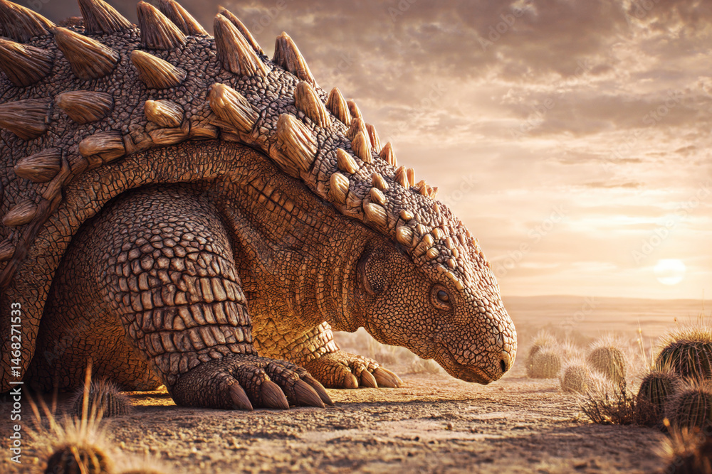 Discover a stunning rendered image of a colossal prehistoric creature, basking in the warm glow of a desert sunset, evoking feelings of wonder and tranquility.