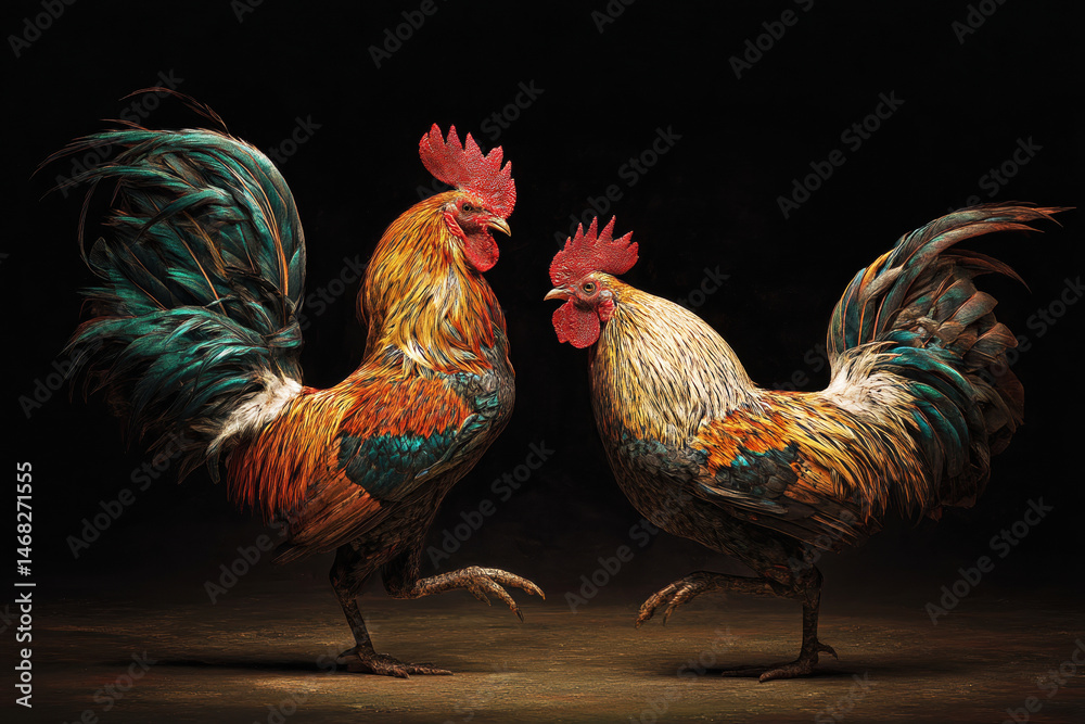 Two vibrant roosters face off against a dark backdrop, showcasing their stunning plumage and spirited poses.