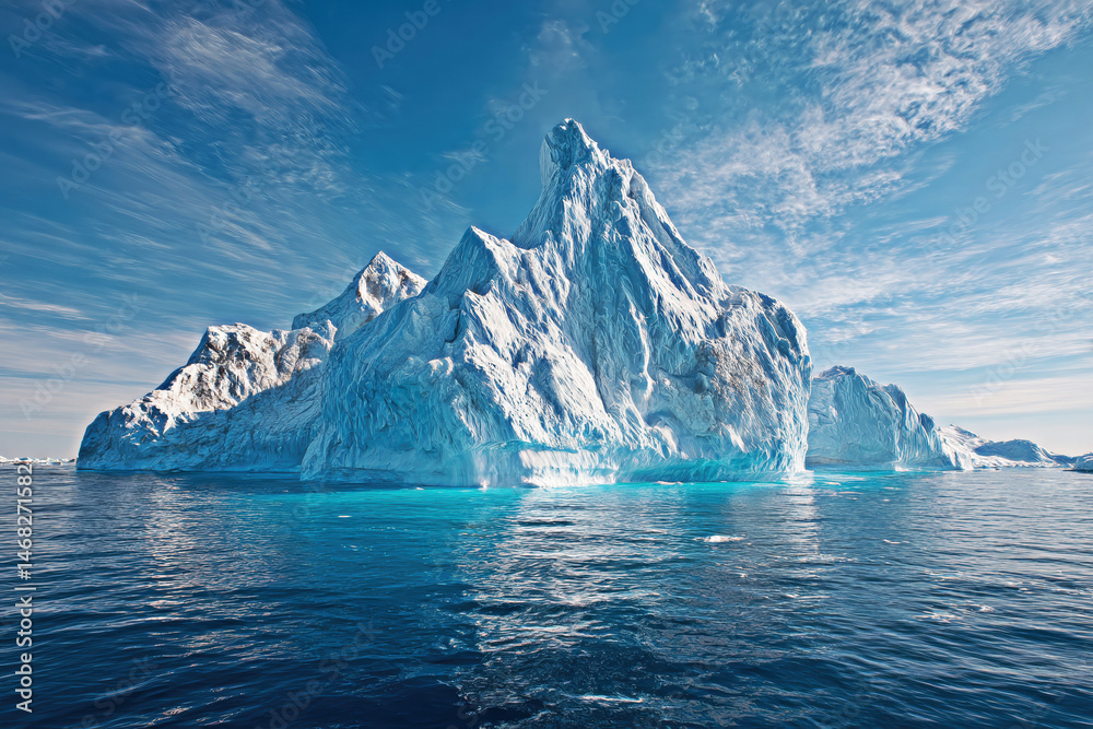 Experience the grandeur of a towering iceberg against a backdrop of serene blue skies.