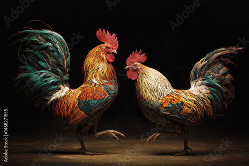 Obraz na płótnie Two vibrant roosters face off against a dark backdrop, showcasing their stunning plumage and spirited poses. w salonie
