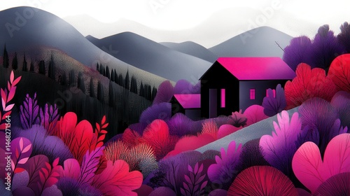 Whimsical rural dwelling amidst vibrant flora scenic mountain view landscape artful fantasy serene nature countryside retreat