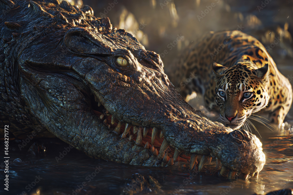 A mesmerizing encounter between a fierce leopard and a formidable crocodile showcases the raw beauty and unpredictability of nature in this stunning illustration of predator dynamics.