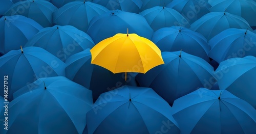 A bright yellow umbrella stands out among blue umbrellas.