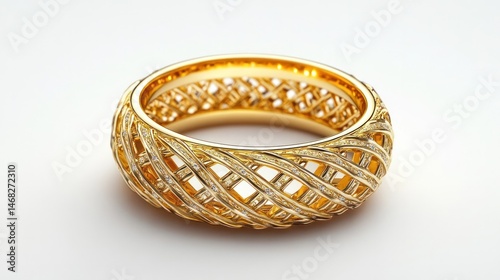 Exquisite golden ring with an intricate woven filigree design and dazzling sparkling gems  This opulent high end accessory reflects wealth elegance and extravagance