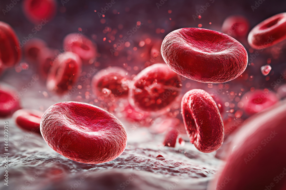 A stunning visual representation of red blood cells, showcasing their vibrant colors and intricate texture as they flow through the bloodstream, symbolizing vitality and health.