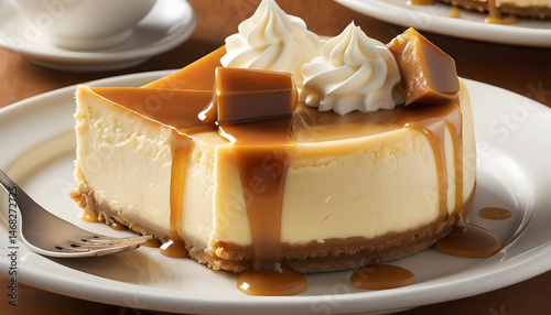 Velvety cheesecake slice drizzled with rich caramel sauce and topped with a caramel ball—perfect for menus, ads, cafes, or dessert packaging visuals that crave indulgence and elegance