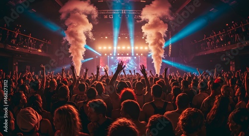 Crowd Enjoying Concert with Stage Lighting and Smoke Effects