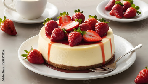 Classic cheesecake topped with vibrant fresh berries and luscious berry sauce—perfect for advertising bakery menus, dessert packaging, or elegant café branding visuals