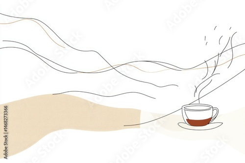 Abstract illustration of a cup of coffee with flowing lines.