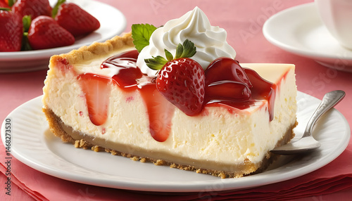 Classic cheesecake topped with vibrant fresh berries and luscious berry sauce—perfect for advertising bakery menus, dessert packaging, or elegant café branding visuals