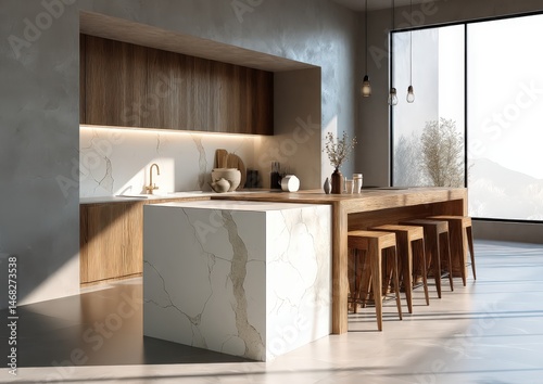Modern minimalist kitchen with wood accents and marble island.