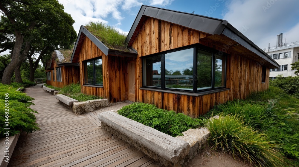 Modern eco-friendly wooden house with large windows and landscaped garden in a natural setting Modern eco-friendly wooden house with large windows and landscaped garden in a natural setting