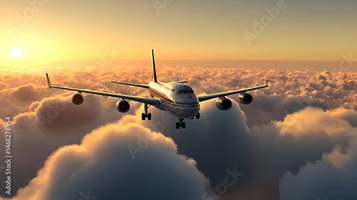 Airplane Soaring Above Golden Clouds at Sunset