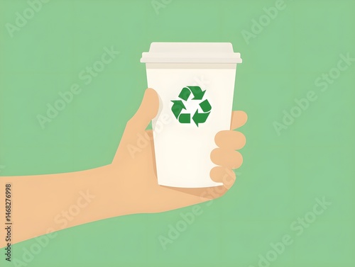 Hand holding eco friendly coffee cup with recycling symbol flat minimal illustration