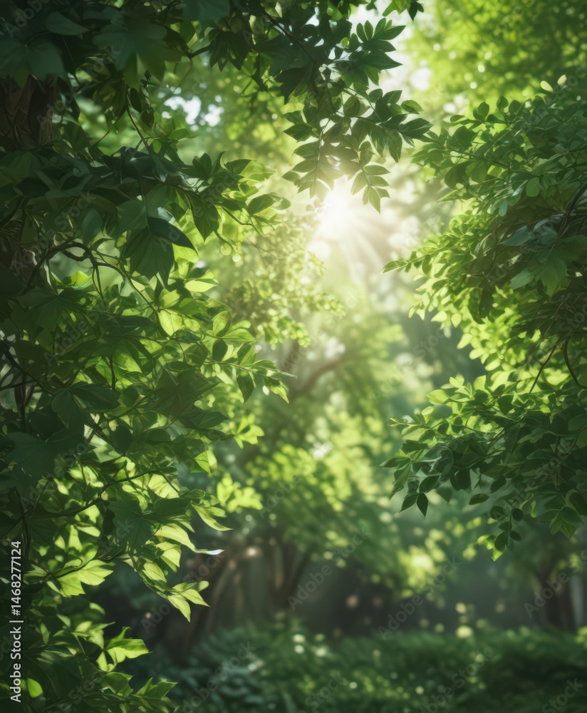 Fototapeta premium Blurred green leaves, dappled sunlight, indistinct shapes, element, abstract, spring