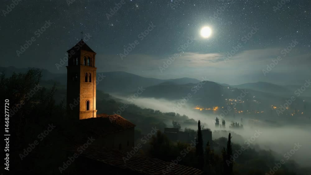 Night landscape, stone tower lit from within, overlooking a misty valley under a bright moon and starry sky. Dark silhouettes of trees and buildings in the distance. Soft, atmospheric lighting. Night landscape, stone tower lit from within, overlooking a misty valley under a bright moon and starry sky. Dark silhouettes of trees and buildings in the distance. Soft, atmospheric lighting.