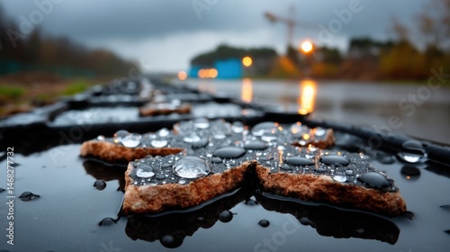 Close-up of wet rocks with water droplets on asphalt road during rainy weather, with blurred background and overcast sky