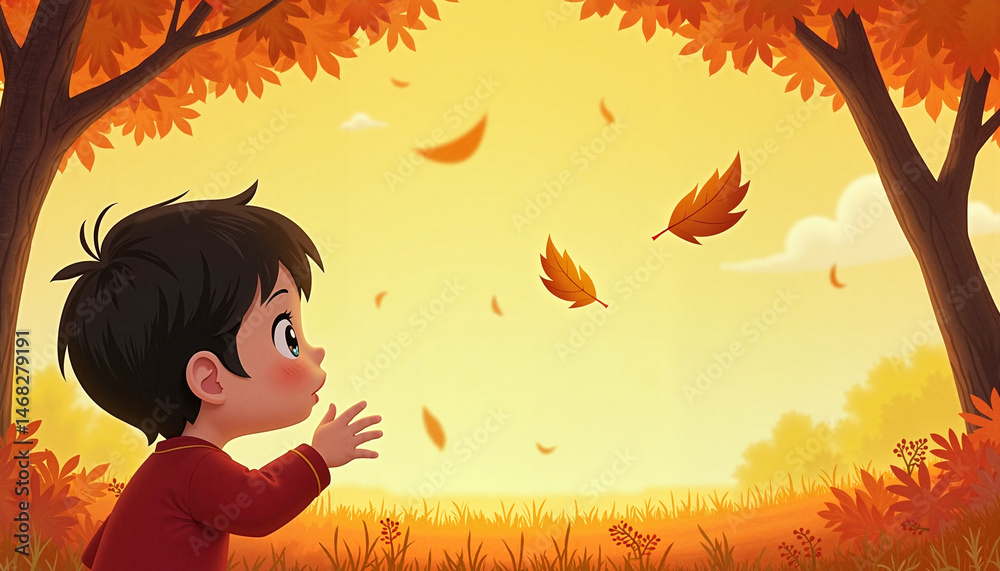 Child reaching for falling leaves in an autumn landscape