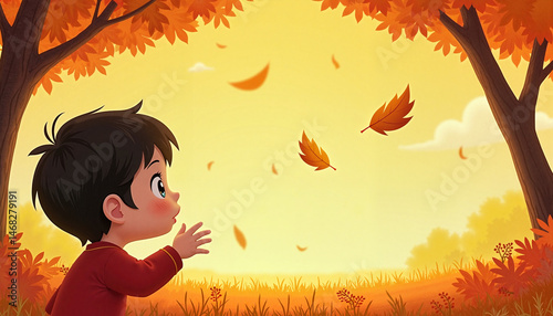 Obraz na płótnie Child reaching for falling leaves in an autumn landscape w salonie
