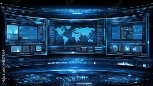 Futuristic Cybernetic Command Center, Global Network Intelligence with Data Analysis on Screen for Security and Threat Detection