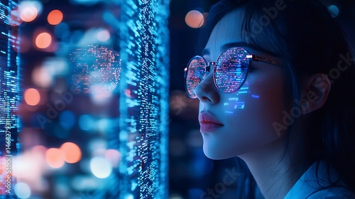 Woman with glasses reflecting data stream in a futuristic scene