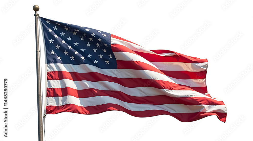 Fototapeta premium an American flag waving gently, isolated on a pure white background