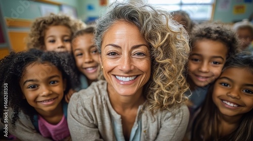 Smiling teacher surrounded by happy diverse children in a bright classroom, showing warmth and joy