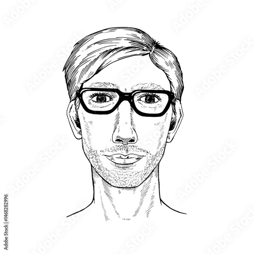 Vector portrait of a young man with blond hair, thick eyebrows, and a serious expression. Hand drawn black and white sketch in a lifelike, realistic style with detailed line art. With white backgroun
