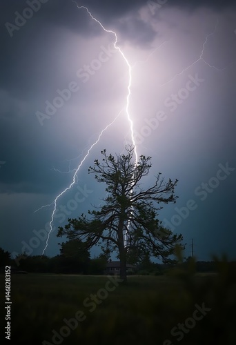 lightning bolt strikes over a tree in a field