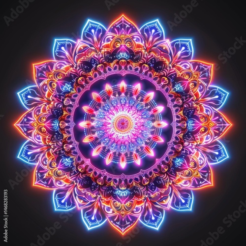 Kaleidoscope mandala isolated on transparent background neon gradients .