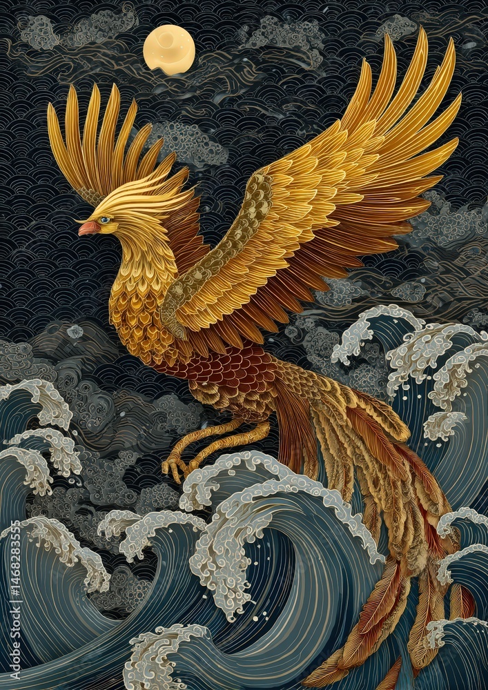 Fototapeta premium Majestic phoenix soaring over turbulent ocean waves at night.