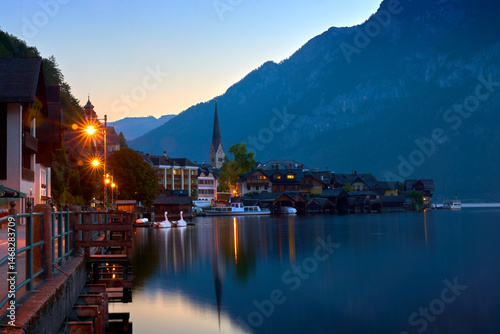 Hallstatt Dawn Light Seestrasse Waterfront. Early morning on the Seestrasse Waterfront street of the beautiful village of Hallstatt, Austria.


