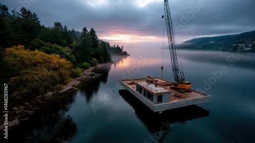 Underwater Construction Platform with Crane on Calm Lake Surrounded by Forested Mountains at Dusk