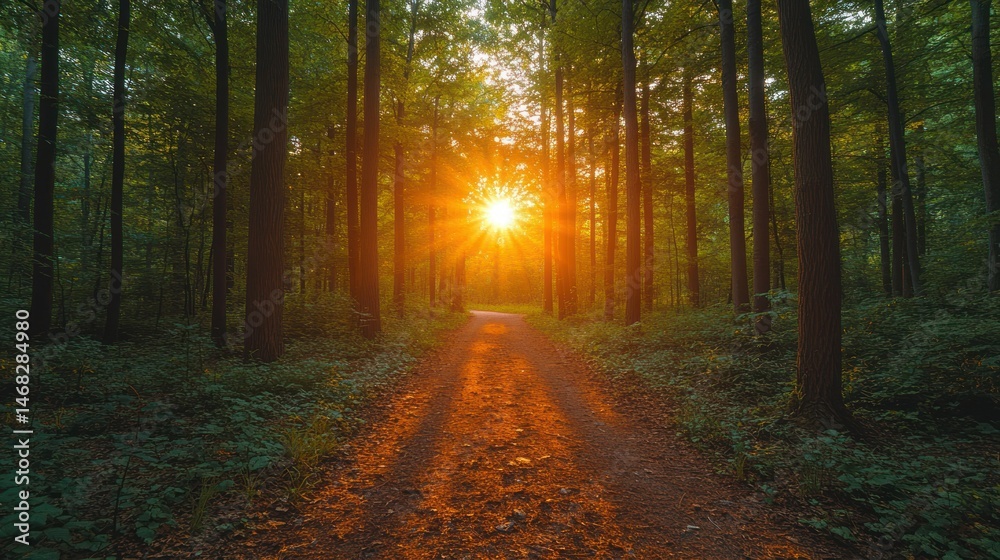 Obraz premium Golden sunlight streams through a forest path