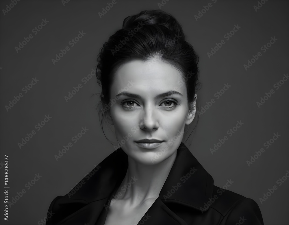 Elegant Woman in Black Coat, Black and White Portrait Elegant Woman in Black Coat, Black and White Portrait