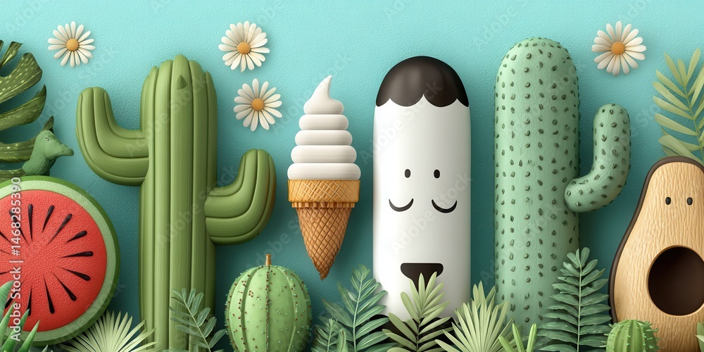 Various cactus and succulent plants arranged on a textured wall, showcasing diverse shapes and green tones.